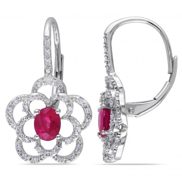 Oval Shaped Ruby & Diamond Flower Drop Earrings 14k White Gold 1.10ct