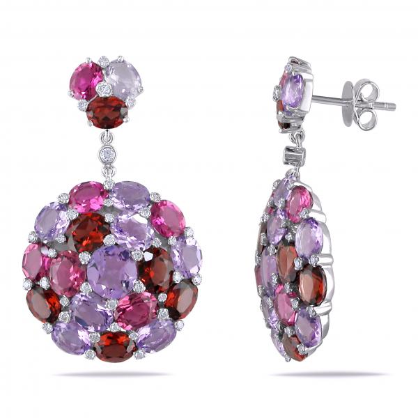 Multicolor Gemstone & Diamond Cluster Earrings 14k White Gold 16.75ct