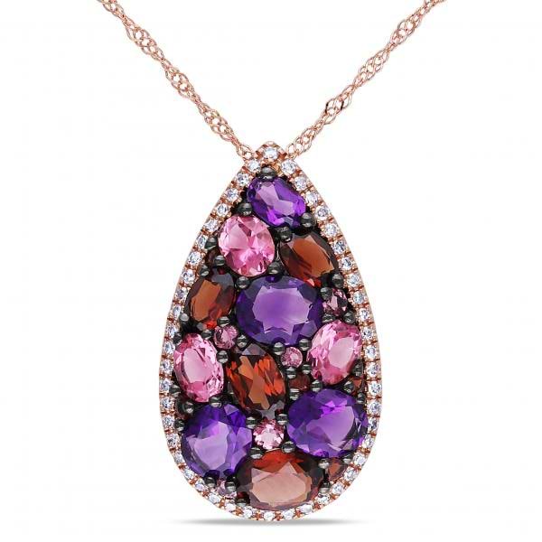 Multi-Gemstone and Diamond Pendant Necklace in 14k Rose Gold (2.60ct)