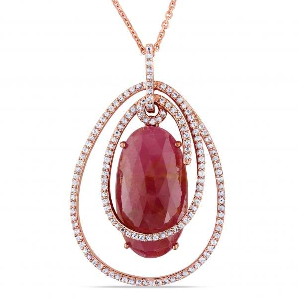 Oval Pink & White Sapphire Pendant Necklace in 14k Rose Gold (14.20ct)