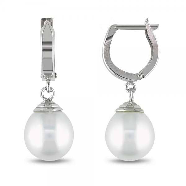Round White South Sea Pearl Huggie Drop Earrings 14k White Gold 9-10mm