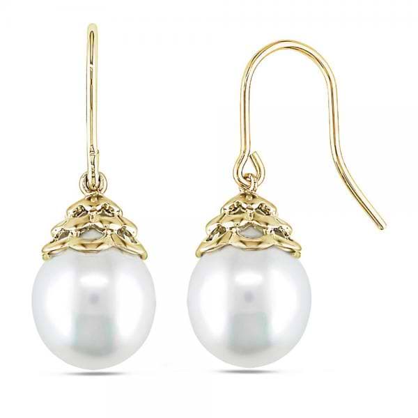 Near Round White South Sea Pearl Drop Earrings 14k Yellow Gold 10-11mm