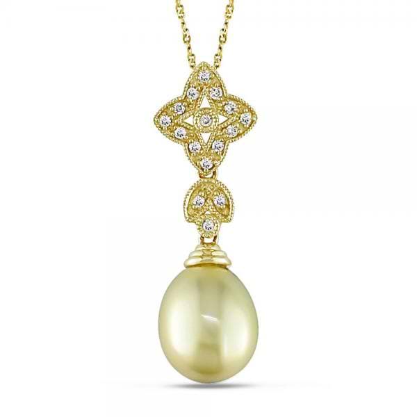 Golden South Sea Pearl Necklace w/ Diamond Accents 14k Y. Gold 9-9.5mm