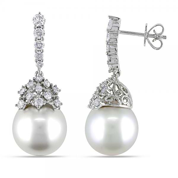 White South Sea Pearl Drop Earrings with Diamonds 14k W. Gold 10-11mm