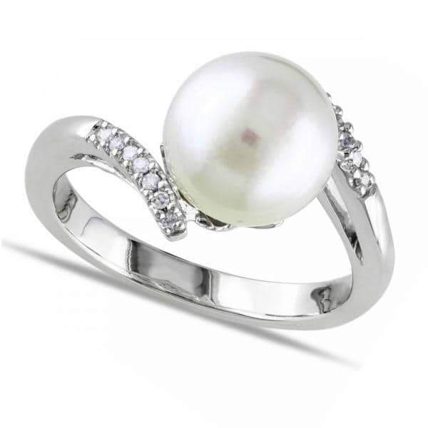 White South Sea Pearl Bypass Ring w/ Diamonds 14k White Gold 9-9.5mm