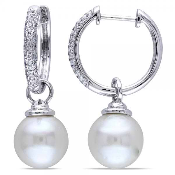White South Sea Pearl Earrings Pave Set Diamonds 14k W. Gold 10-10.5mm