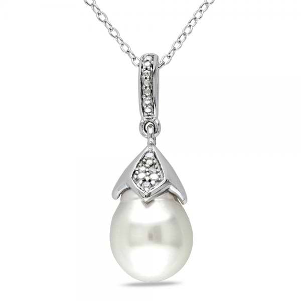 South Sea Cultured Pearl & 12 Diamond Necklace Sterling Silver 9-9.5mm