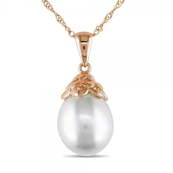 White South Sea Cultured Pearl Pendant Necklace 14k R. Gold 9-9.5mm