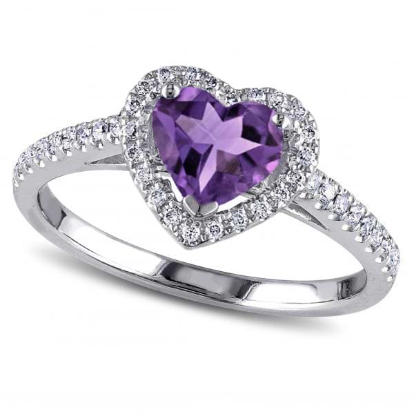 Heart Shaped Amethyst & Diamond Halo Engagement Ring 14k White Gold 1.50ct