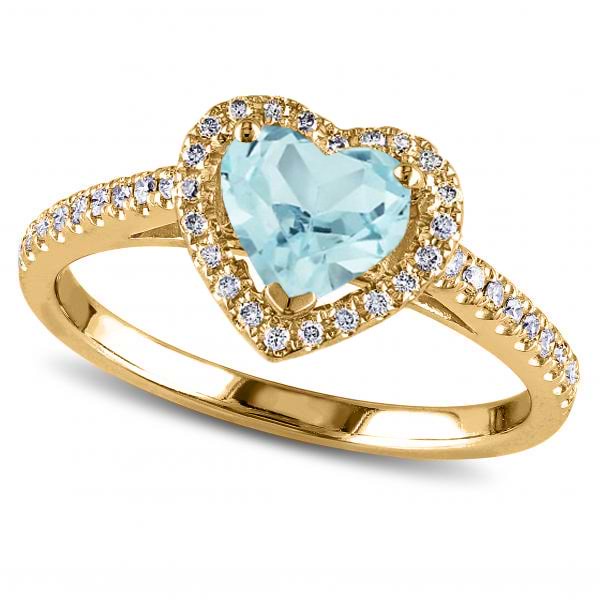 Heart Shaped Aquamarine & Diamond Halo Engagement Ring 14k Yellow Gold 1.50ct