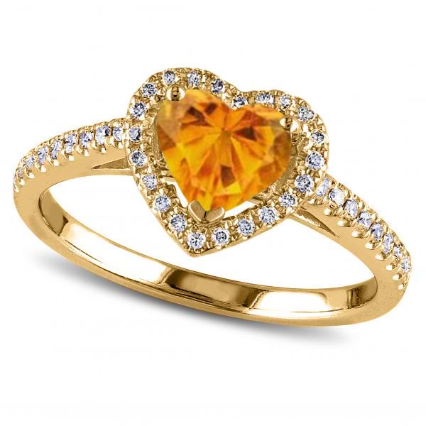 Heart Shaped Citrine & Diamond Halo Engagement Ring 14k Yellow Gold 1.50ct
