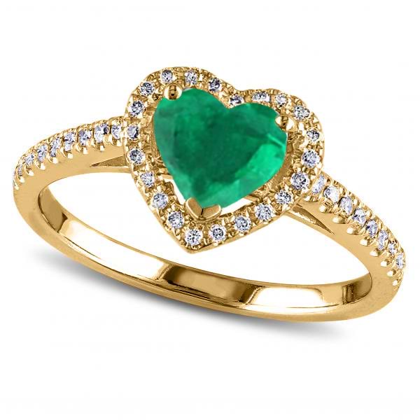 Heart Shaped Emerald & Diamond Halo Engagement Ring 14k Yellow Gold 1.50ct