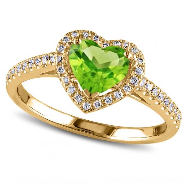 Heart Shaped Peridot & Diamond Halo Engagement Ring 14k Yellow Gold 1.50ct