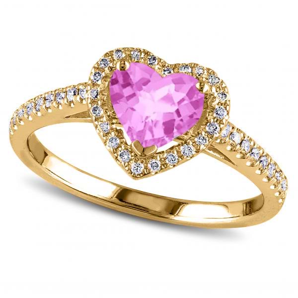 Heart Shaped Pink Sapphire & Diamond Halo Engagement Ring 14k Yellow Gold 1.50ct