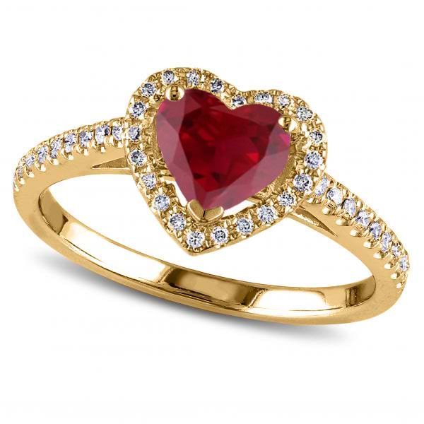 Heart Shaped Ruby & Diamond Halo Engagement Ring 14k Yellow Gold 1.50ct ...