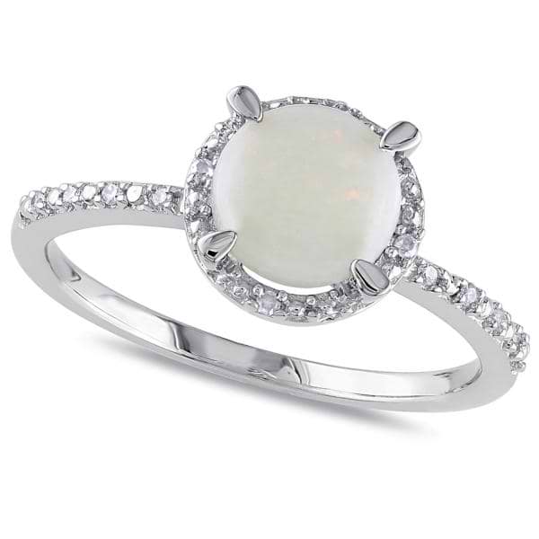 Opal & Halo Diamond Ring Side Stone Accents Sterling Silver (1.05ct)