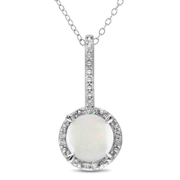 Round White Opal & Diamond Pendant Necklace Sterling Silver (1.03ct)