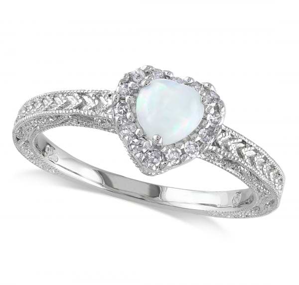 White Opal & Halo Diamond Heart Shaped Ring Sterling Silver (0.43ct)