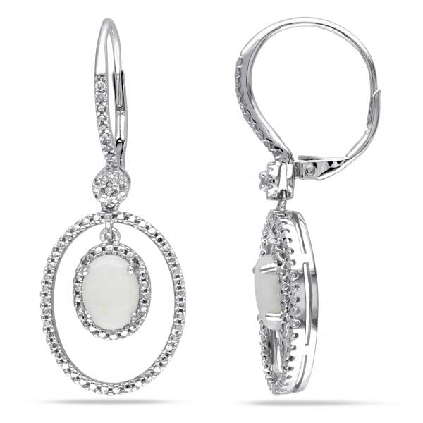 White Opal & Diamond Dangling Earrings .925 Sterling Silver (1.82ct)