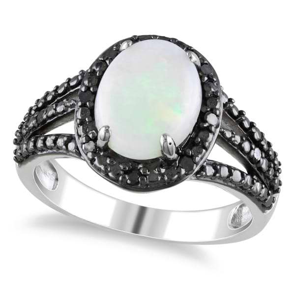 White Opal Black Diamond Halo Fashion Ring in Sterling Silver (1.76ct)