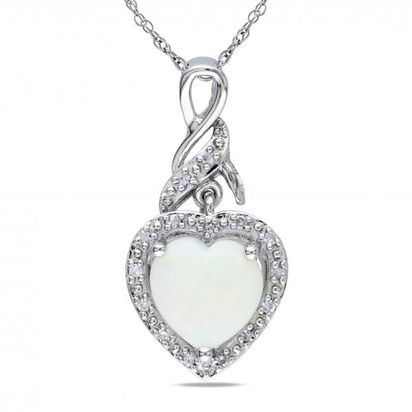 White Opal & Diamond Heart Pendant Necklace Sterling Silver (1.28ct)