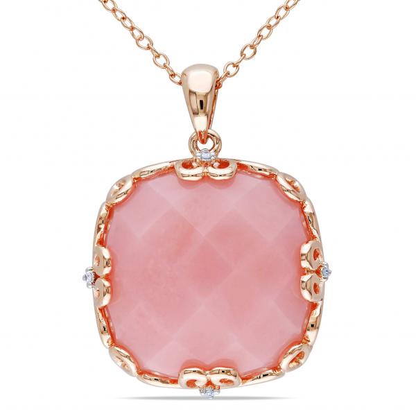 Cushion Cut Pink Opal & Diamond Pendant Sterling Silver Chain 16.02ct