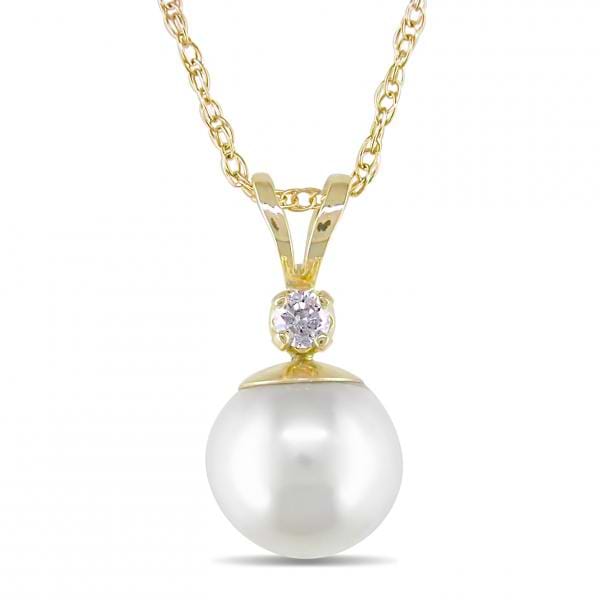 Akoya Pearl & Diamond Pendant Necklace 14k Yellow Gold 7.5-8mm 0.05ct