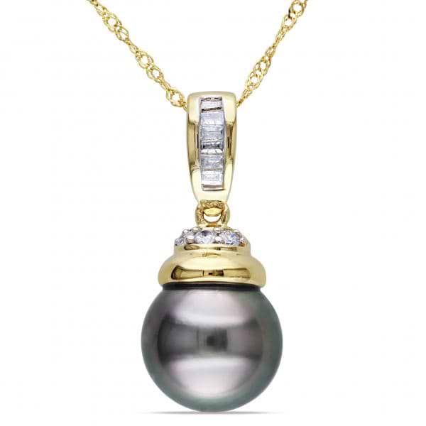 Black Tahitian Pearl & Diamond Pendant Necklace 14k Y. Gold 9.5-10mm