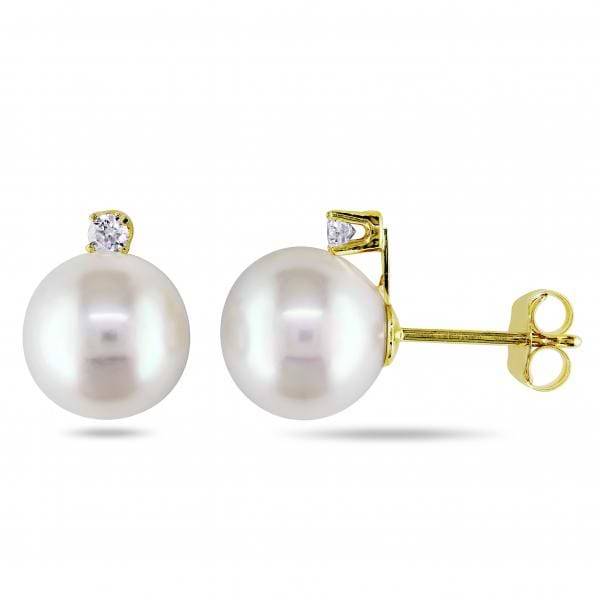 Freshwater Pearl & Diamond Stud Earrings 14k Y. Gold 7-7.5mm 0.06ct