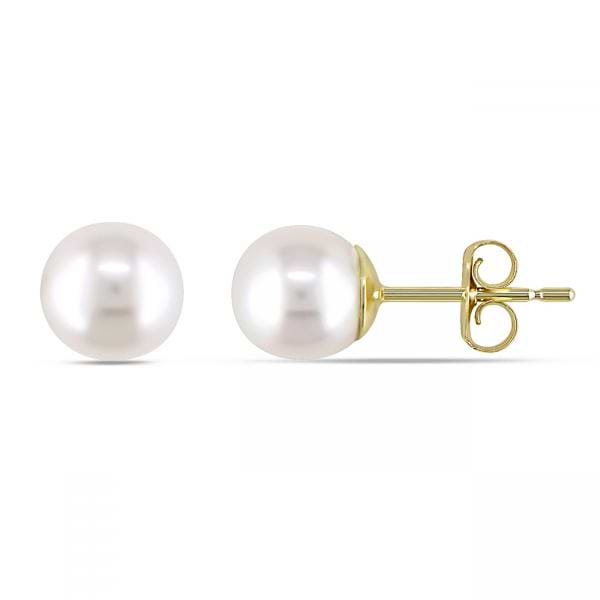 Cultured Freshwater White Pearl Stud Earrings 14k Yellow Gold 6-6.5mm