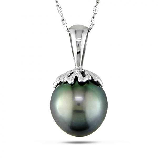 Black Tahitian Pearl Pendant Necklace in 14k White Gold 10-10.5mm