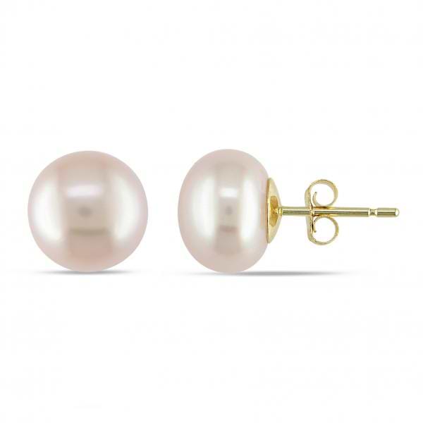 Cultured Freshwater Pink Pearl Stud Earrings 14k Yellow Gold 9-9.5mm