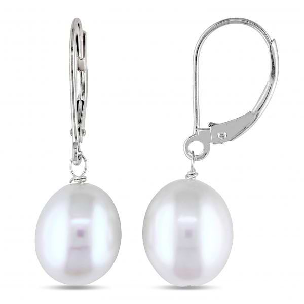 Freshwater White Pearl Drop Earrings w/ Leverbacks 14k W. Gold 8-9mm