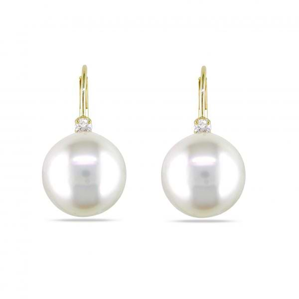 Freshwater Pearl & Diamond Leverback Earrings 14k Y. Gold 9-9.5mm - DE64