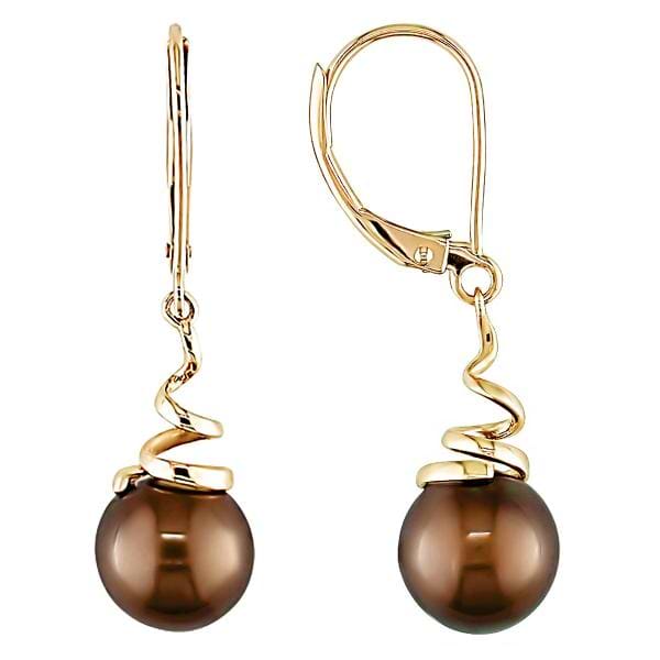 Freshwater Chocolate Pearl Swirl Drop Earrings 14k Y. Gold 8-8.5mm