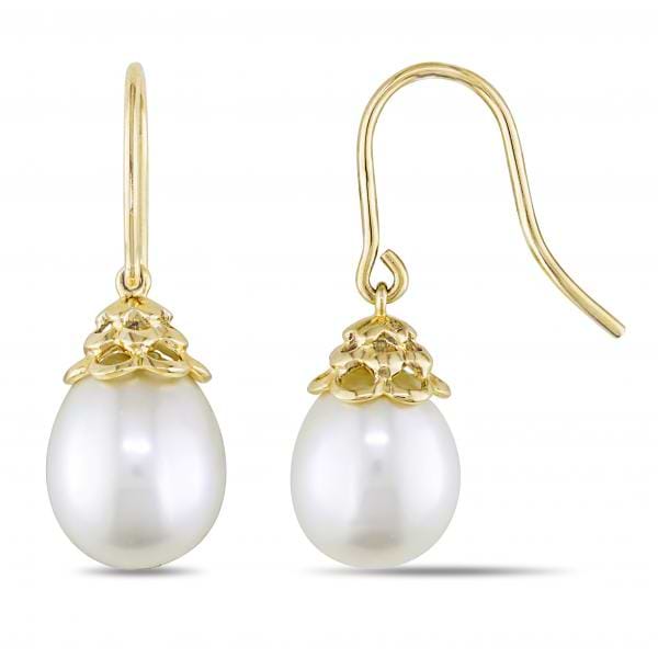 White Freshwater Rice Pearl Drop Earrings w/ Hooks 14k Y. Gold 9-10mm