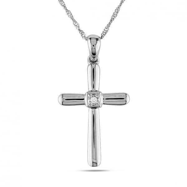 Diamond Accented Contemporary Cross Necklace in 14k White Gold 0.01ct