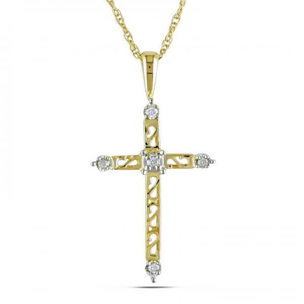 Artistic Carved Cross w/ Diamond Accents Set in 14k Yellow Gold 0.04ct