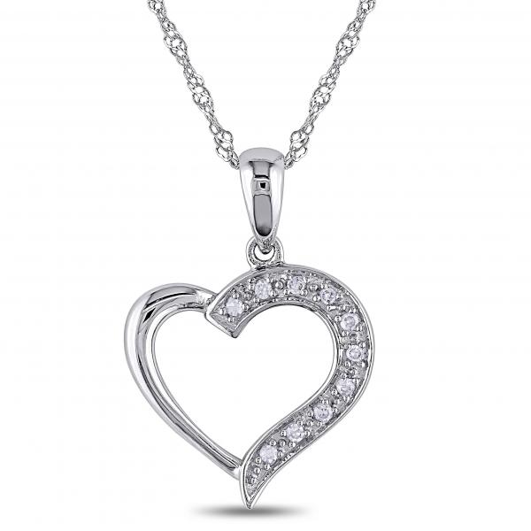 Ladies Open Heart Pendant with Diamond Accents in 14k White Gold 0.05ct