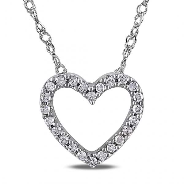 Diamond Open Heart Pendant on 17 inch Chain in 14k White Gold 0.10ct