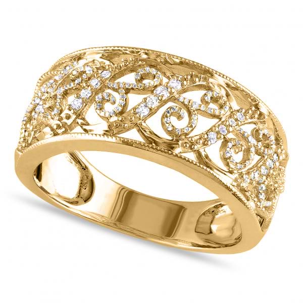 Ladies Pave Set Filigree Diamond Ring 14k Yellow Gold 0.10ct
