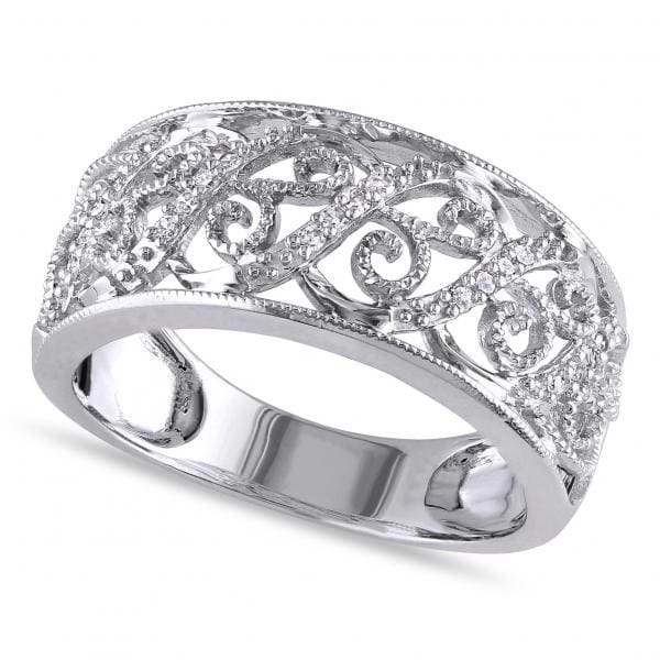 Ladies Pave Set Filigree Diamond Ring 14k White Gold 0.10ct