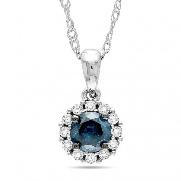 Blue & White Diamond Halo Pendant Necklace 14k White Gold 0.50ct