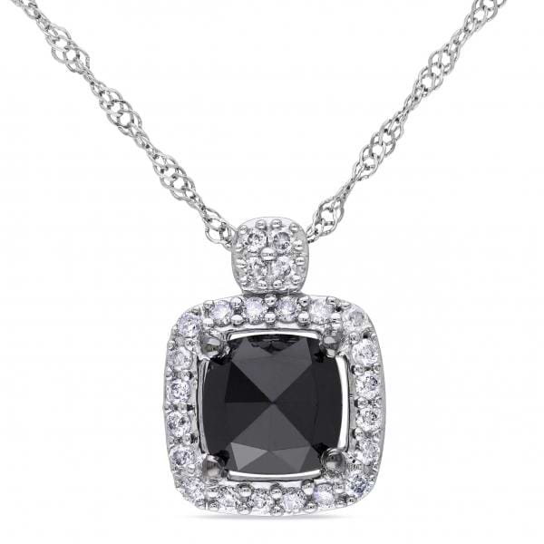 Cushion Cut Black & White Diamond Halo Necklace 14k White Gold 1.00ct