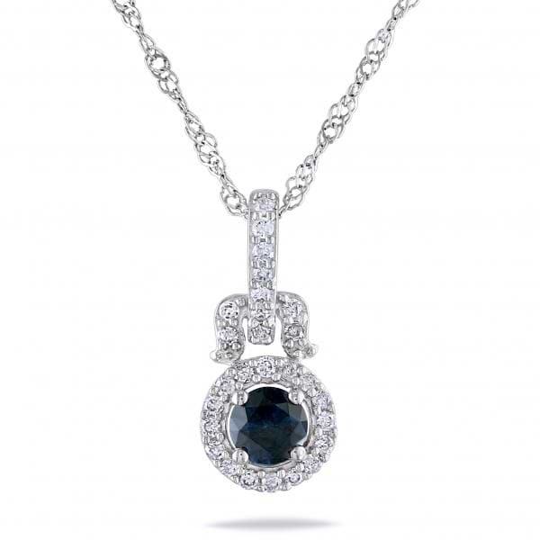 Blue and White Diamond Halo Pendant Necklace 14k White Gold 0.25ct