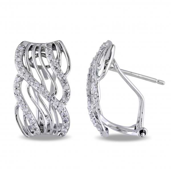 Abstract Diamond Huggie Earrings w/ Twisted Rows 14k White Gold 0.38ct