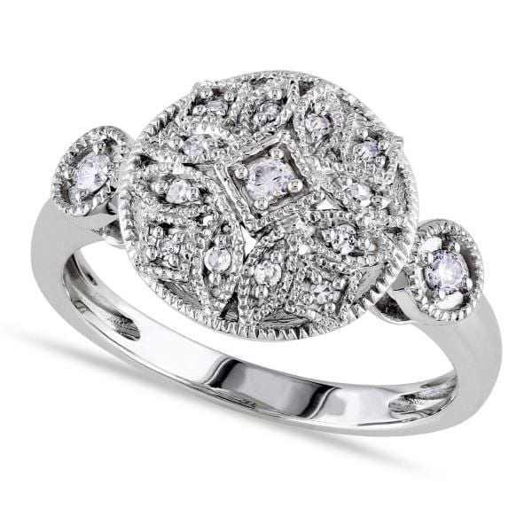 Vintage Style Diamond Ring Filgree Design 14k White Gold 0.14ct