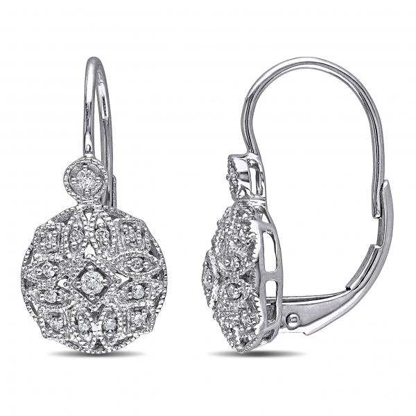 Vintage Style Leverback Diamond Earrings Floral 14k White Gold 0.15ct