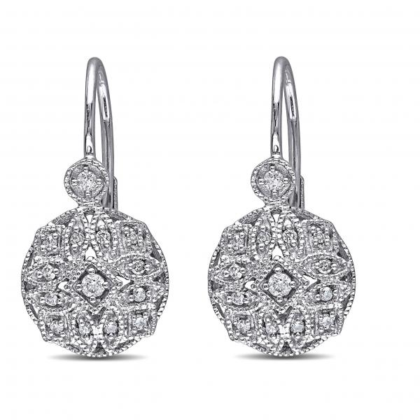 Vintage Style Leverback Diamond Earrings Floral 14k White Gold 0.15ct