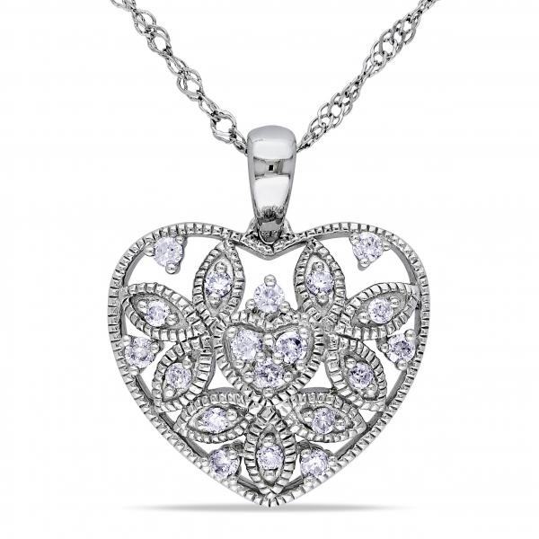 Diamond Accented Vintage Filigree Heart Pendant 14k White Gold 0.125ct